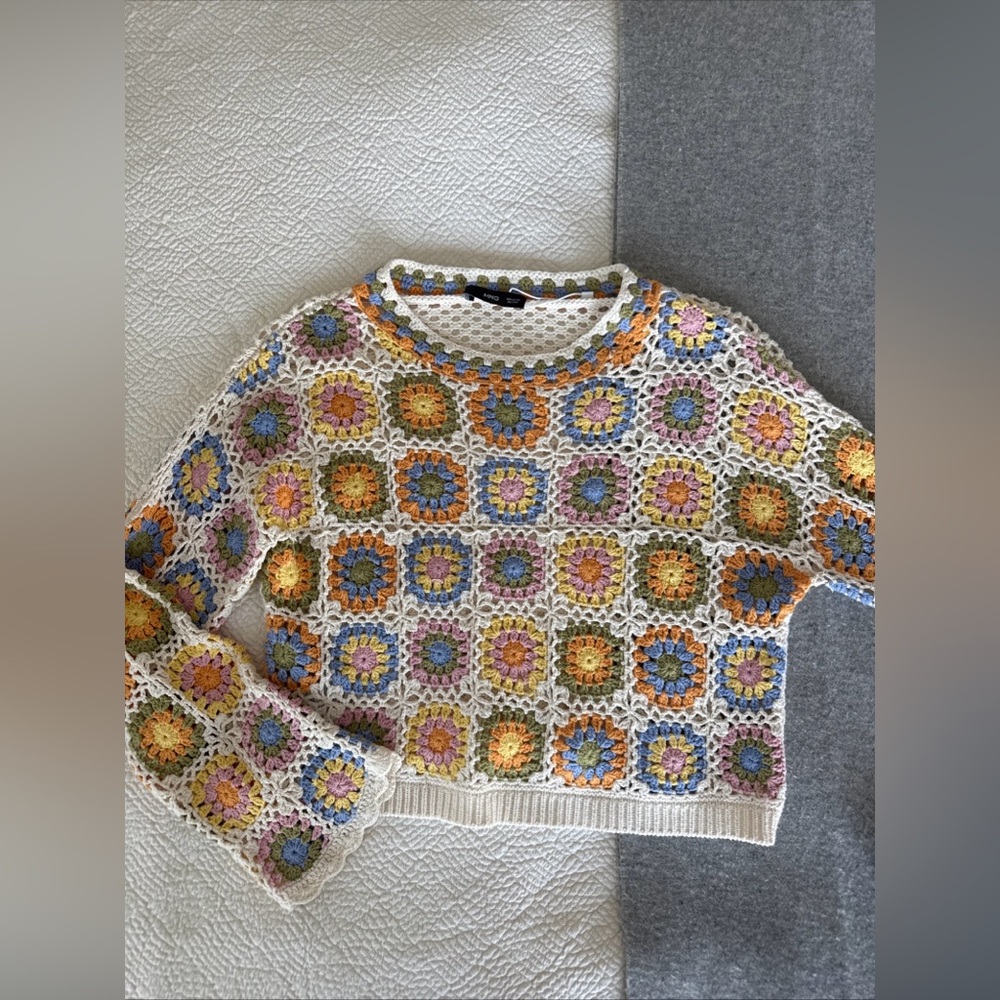 Mango MNG Crochet knit Square Sweater in Cream with Pastel Accents